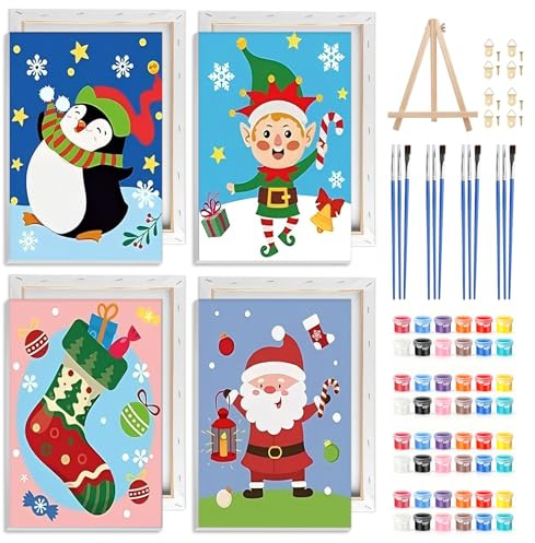 NAIMOER 4 Pack Christmas Theme Paint by Numbers Kits Adults with Frame, DIY Winter Boys Painting by Numbers Adults, Happy New Year Gifts Home Decor 20x30cm