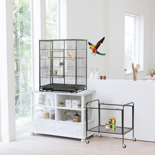 LEADZM Cage Oiseau, Cage à perruches avec perchoir en Bois et 4 roulettes, nichoir avec Plateau de Nettoyage Coulissant et Verrouillage de sécurité, Noir, 64 x 41 x 135 cm