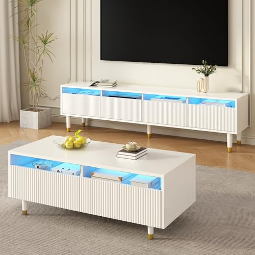 VSOGA Ensemble de meubles modernes à LED, meuble TV avec 4 portes et table basse avec 2 tiroirs, design blanc/doré, structure ondulée et façades en acrylique, meubles de salon élégants