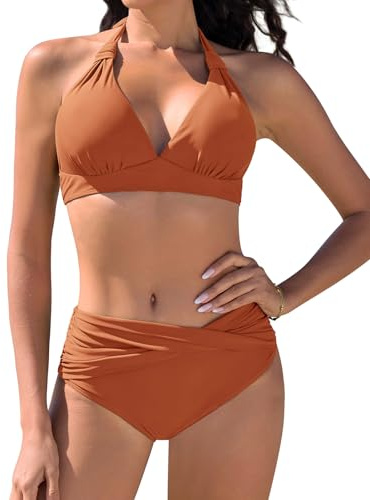 Vijamiy Costume Donna Due Pezzi Costumi da Bagno Bikini Mare Push Up Bikinis Top Imbottito Reggiseno Costumi(Giallo Intenso,M)
