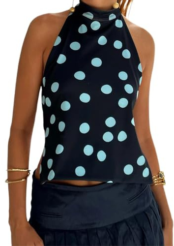 Nicoxijia Women Sexy Mock Neck Open Back Silk Tank Top Sleeveless Backless Crop Top Summer Y2k Going Out Party Camisole Tops (B-Navy, S)