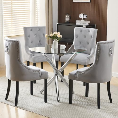 BonChoice Modern Round Glass Dining Table and Chairs Set 4, 5 Piece Round Dining Room Table Set, Glass Table with 4 Grey Velvet Knocker Dining Chairs Space Saving