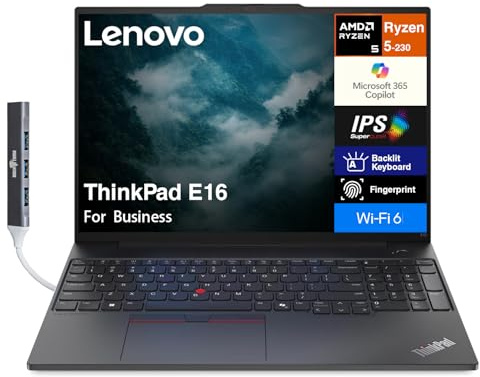Lenovo ThinkPad E16 AI Business Laptop 16 FHD+ (AMD Ryzen 5 230 (> Ryzen 5 7535U), 64GB DDR5, 512GB M.2 SSD, Copilot, Fingerprint, Backlit, 5M RGB Webcam, WiFi 6, Win 11 Pro) w/DKZ USB Port Expander