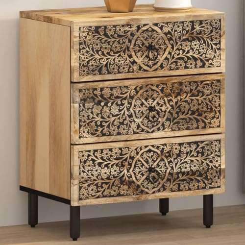 Ordellia Comodino in legno massello Mango 50 x 33 x 60 cm con 3 cassetti, motivo floreale intagliato a mano, robusta console da notte per camera da letto, soggiorno, spazio stabile