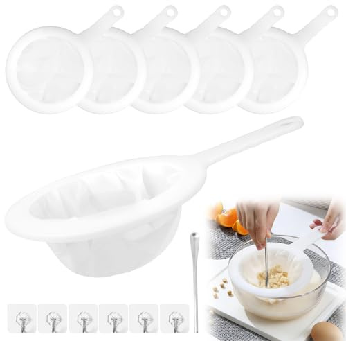 6 Stück Sieb Fein,Feines Sieb Küche Mit Griff,80/100/120/200/300/400 Mesh,Haarsieb Küche Netzsieb Mit 6 Haken und 1 Rührstab,Plastiksieb Kefir,Ultrafeines Trichterfilter für Saft,Milch,Kaffee,Wein
