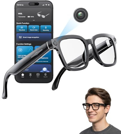 ONKELYIM AI Smart Camera Brille, 8 MP, 32 GB, 1200p-HD-Kamera, Unterstützt Foto-Video-Audioaufnahmen, Echtzeitübersetzung, Sprachassistent, Objekterkennung für Alltag, Arbeit und Vlogs