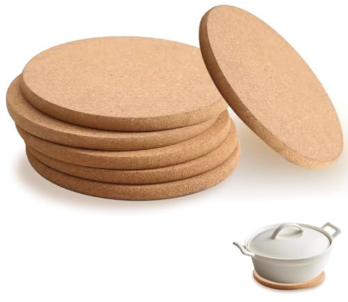 Cork Trivet Set of 6 - 19cm Round Extra Thick 10mm Cork Mats for Hot Pots and Pans, Heat Resistant Coasters with Smooth Beveled Edges to Protect Kitchen Worktops and Tables, Natural Cork Placemats