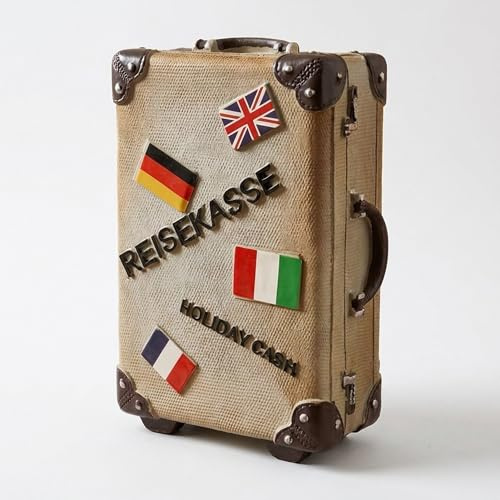 Topshop24you Koffer-Spardose, Retro Reisekasse, Harz, 15 x 11 x 5 cm, Grau