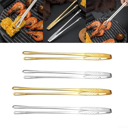 Stainless Steel Kitchen Grill Tweezers 2x with Straight Design for Easy Handling of Hot and Delicate Foods, for BBQ and Food Plating Tasks (Gold)