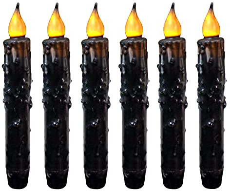 CVHOMEDECO. Real Wax Hand Dipped Battery Operated LED Timer Taper Candles Rustic Primitive Flameless Lights Décor, 6-3/4 Inch, Matt Black, 6 PCS in a Package