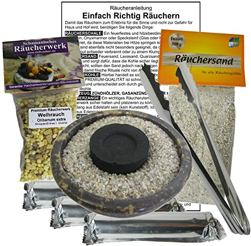 Räuchern-Starter-Set 8-TLG für jedes Räucherwerk mit Weihrauch Olibanum + 30 Tabs Räucherkohle + Räucherzange + Räucherschale + Räuchersand + Räucheranleitung. 81116-1KU