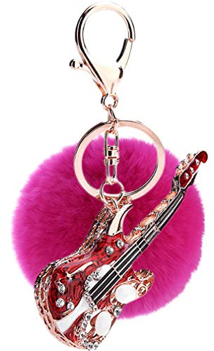Strass bommel Keychain mit Glitzer Mini Gitarre Anhänger Schlüsselanhänger Taschenanhänger plüsch Ball Elegant Plüsch-Kugel Auto-Anhänger Pompom Handtasche Dekor Schlüsselring (Rosa)
