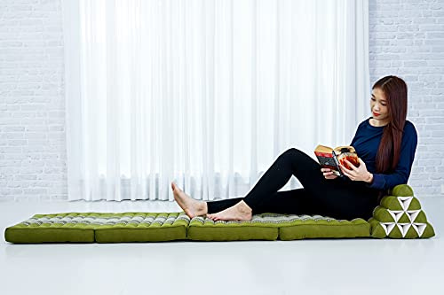 Leewadee - Bequeme Japanische Bodenmatratze - Thai Bodenliege mit Dreieckskissen - Futon Klappmatte - Thai Massagematte, XL Extra Lang, 225 x 50 cm, Grün