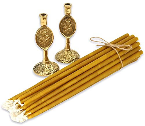 Theotokos - Juego de 2 portavelas de latón y 20 velas de cera de abeja pura, conos ortodoxos, altar del hogar