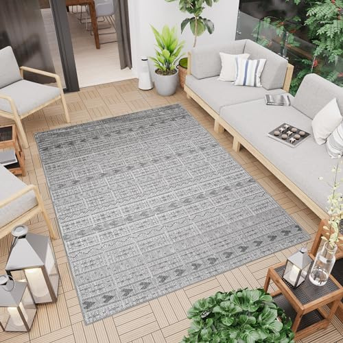 TAPISO Capri Teppich Outdoor Grau Ethno Flachgewebe Sisaloptik Balkon Terrasse Küche Indoor Wetterfest Wasserdurchlässig UV-Beständig 140 x 200 cm