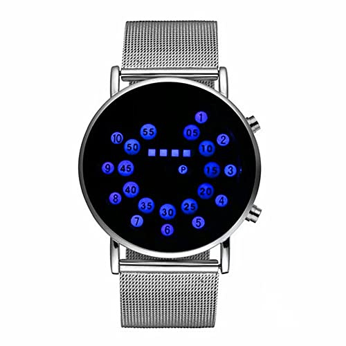 MINILUJIA Men Cool Digital Watch Binary Time LED Display Waterproof with Stainless Steel Mesh Band Unique Creative Fashion Wristwatches, blue display, Digital