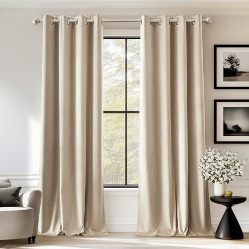 jinchan Velvet Curtain for Living Room，Thermal Insulated Luxury Bedroom Drape 108 Inch Long, Soft Privacy Curtain, Room Darkening Extra Long Window Ring Top Treatment Grommet 1 Panel, Cream Beige
