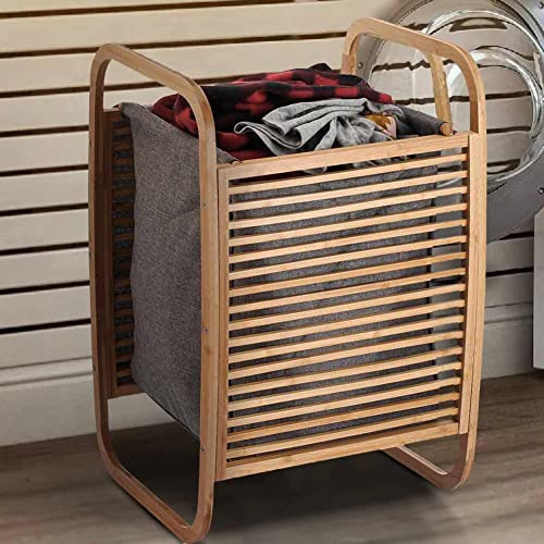 Bakaji Cesto Biancheria Sporca in Bambu Con Tessuto Grigio Portabiancheria Casa Bagno Design Curvo Moderno Contenitore Salvaspazio con Sacco Estraibile 40 x 35 x 61 cm