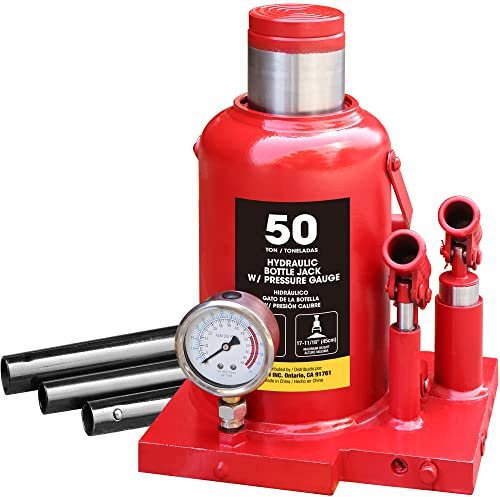 Torin ATH950001BB Kfz-Flaschenwagenheber mit Manometer und langsamer Freigabe für Konstruktionsstabilisierung, 50 Tonnen, Rot, robust