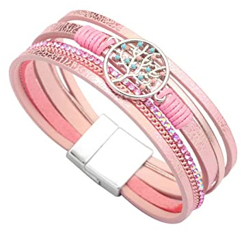 KunBead Jewelry Pink Womens Leather Wrap Bracelets Family Tree of Life Handmade Braided Boho Multilayer Magnetic Buckle Bracelet Wristband Cuff Bangle Birthday Gifts