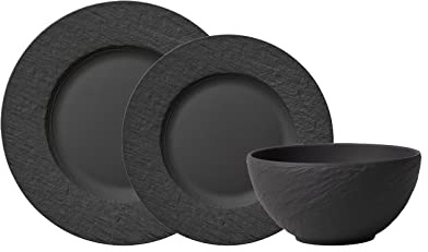 Villeroy & Boch Manufacture Rock Teller-Set 12-teilig, Schwarz, Tafelservice für 4 Personen, Speiseteller ø 27 cm/Frühstücksteller ø 22 cm/Bol ø 14 cm, Premium Porzellan, Schiefer-Optik