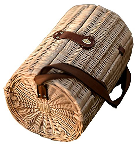 Cestino da Picnic Cestino di Vimini Cilindrico con Coperchio Cestino da Picnic a Spanning Diagonale Stoviglie Fisse Stoccaggio di Snack per Alimenti Pratico Cestino (Color : Brown, Size : 45 * 30cm)