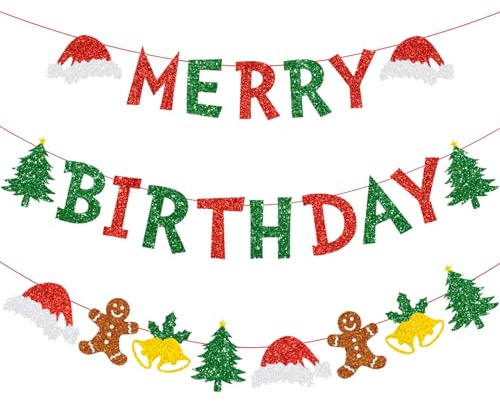 Zwiebeco Merry Christmas Birthday Party Decorations Red Green Banner Hanging Paper Tree Gingerbread Man Bells Hat Sign for Xmas Wall Home Garden Outdoor Accessories Supplies