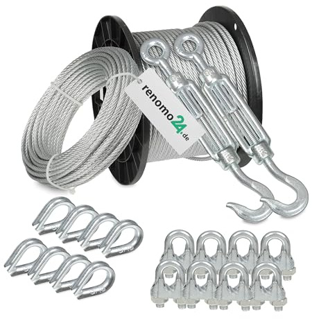 Renomo24 Drahtseil Set 5 - Stahlseil 20m 6mm 6x19 verzinkt, 2x Spannschloss Haken/Öse, 8x Bügelklemmen, 8x Kauschen