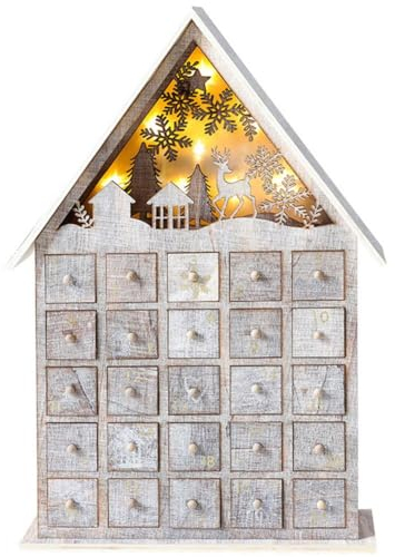 Weihnachts-Adventskalender aus Holz, 24 Tage Adventskalender mit LED-Lichtern, Weihnachtskalender, beleuchtete Co-Schubladen Countdown