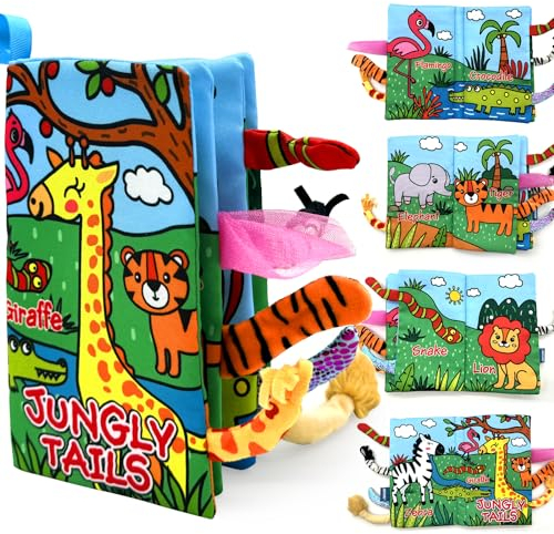 AKOFIC Baby Stoffbuch, Baby Buch Spielzeug Monate 0 3 6 12 Monate, Weiche 3D Bilderbuch Fühlbuch Knisterbuch, Sensorik Spielzeug Montessori Lernspielzeug für Jungen Mädchen 0-12 Monate (Jungle Tail)