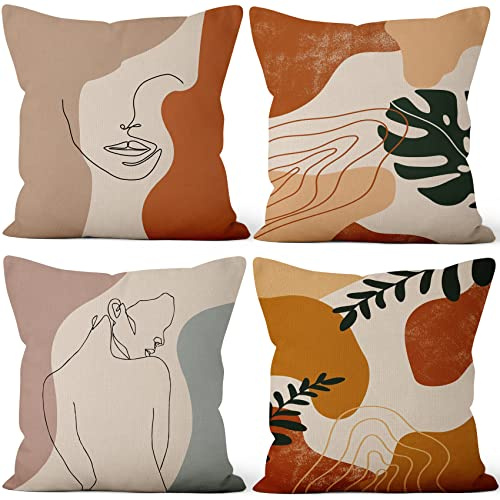 Housse Coussin Abstrait Visage, Uiiooazy Taie Oreiller Boho Terracotta Bohême Feuilles de Palmier Vert Housse de Coussin Velours Taie d'oreiller Carré Housse Oreiller pour Lit Salon, Lot de 4, 40x40cm