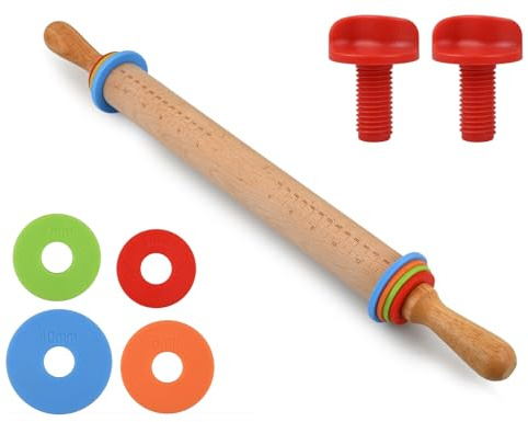 ds. distinctive style Rolling Pin with 4 Adjustable Thickness Rings 13.6 Inch Wooden Dough Roller for Baking, Dough, Cookie, Cake, Fondant, Pizza and Pie Crust