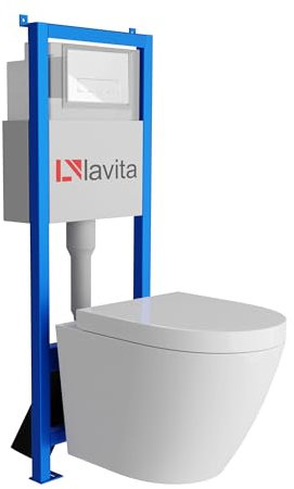 Lavita LAV 101 Vorwandelement für WC 40cm + Wand Hänge Tiefspül WC SOGO Weiß Spülrandlos + Bedienplatte LAV 200.3.1 Weiß + WC Sitz mit Absenkautomatik Unterputz Spülkasten Toilette Komplett Sett WC