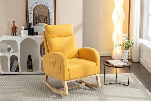 YESGIGA Mid Century Modern Teddy Fabric Upholstered Rocking Chair Padded Seat for Living Room Bedroom (Gelb)