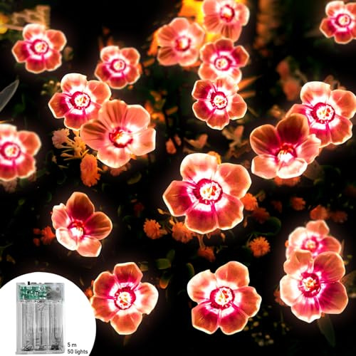 Vaileal Kirschblüten-Lichterkette 5M 50LEDs: Bunte Blumen, Dekorative Lichter für Innen und Außen, Micro LED für Diwali-Gartenbäume, Geschenke für Frauen und Mädchen