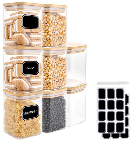 YAYODS 8 Stück Vorratsdosen Glas - 500 ml Vorratsgläser eckig mit Bambusdeckel und Etiketten - luftdichte Glasbehälter für Küche, Kaffee, Nüsse, Haferflocken, Zucker und Gewürze