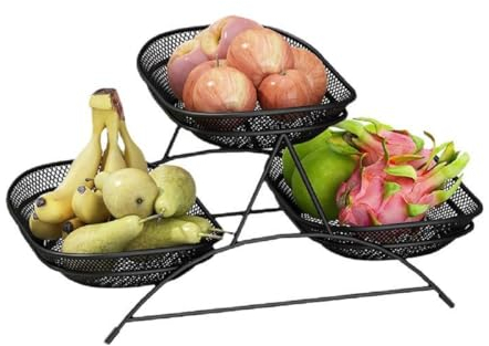 JUNYFFF Fruit Bowl, Tiered Fruit Basket – 37X23x20cm – Modern Fruit Bowl Large 3 Tier – Fruit Basket Etagere in Metal for Keeping Fruit, Vegetables And Bread,Black