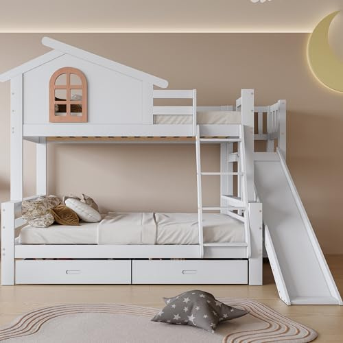 KUAKE Letto per Bambini a Castello 90x200 & 120x200 cm con Scivolo, Letto per Ragazzi con Scaletta e Contenitore Cassetti, Letto a Soppalco con Sponde, Finestra e Rete a Doghe,Bianco, Senza Materasso