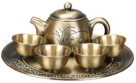 SUPBEI Théière à Café Vintage, Service à Thé Turc à Motif D'orchidée en Laiton avec 1 Théière, 4 Tasses à Café et 1 Plateau à Thé, Kit de Tasse à Thé Artisanal Exquis pour Décoration