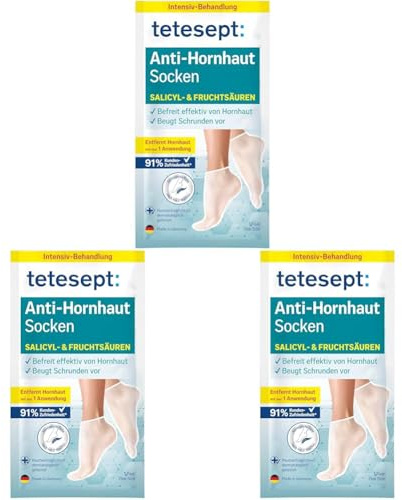 tetesept Anti Hornhaut Socken mit Salicyl- & Fruchtsäuren – Behandelt effektiv Hornhaut bereits nach 1 Anwendung – Hornhautentferner beugt Schrunden vor – 1 One Size Paar (Packung mit 3)