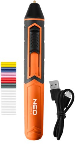 NEO TOOLS Pistola per colla a forma di penna, mini pistola per colla a batteria, senza fili, 2000 mAh, batteria al litio ricaricabile USB, con 10 stick di colla in diversi colori