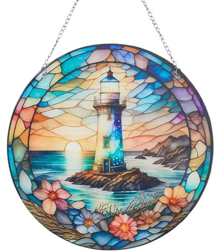 CREATCABIN Acchiappasole A Forma Faro Pannello Rotondo in Acrilico Finestra Decorazione Finestra in Vetro Decorazione Floreale Decorazione Parete Acchiappasole Regalo Mamma Donna Cucina 20x20cm