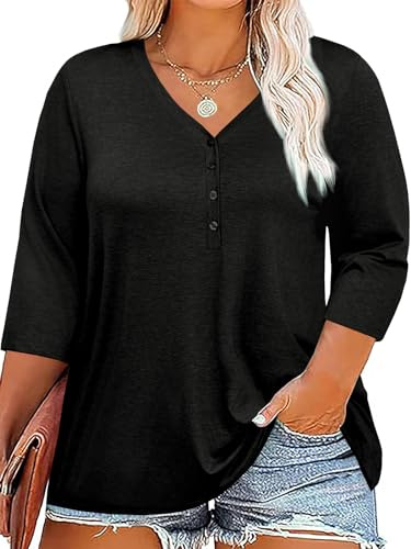 Fisoew T-Shirt à Manches 3/4 pour Femme, Grandes Tailles, col en V, avec Bouton, surdimensionné, Manches Courtes