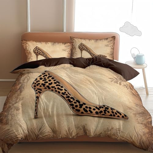 Set Copripiumino con Stampa Scarpe con Tacco Alto Stampa Leopardata 220 x 240 cm, con Chiusura a Cerniera, per Bambino e Adolescenti, Copripiumino con Dipinto Ad Olio D'Epoca + 2 Federe