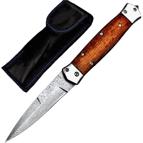 Joa Taschenmesser Damast Dune Klappmesser Slim, Damaststahl, Holzgriff | 9cm Klinge, Mit Taschenclip, Mit Scheide, Einhandmesser, Damaskus Geschmiedet