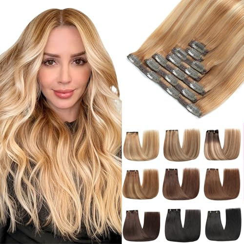 EINbeauty Clip In Extensions Echthaar 7Stücke Extensions Echthaar Gerade Echthaar Extensions Hellbraun mit Goldblond Extensions Clip In 80g 35cm(14Zoll，10/10/22#）