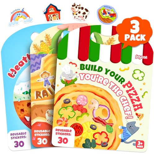 JoyCat Reusable Sticker Book Set, 3-Pack, 90 Stickers, Farm Pizza Weather | Washable stickers make kids sticker activity books and road trip travel toys for toddlers; birthday gifts for boys and girls.