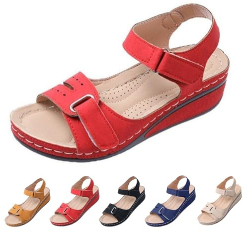 Sandaler dam med klack, mjuka lädersandaletter öppna tår tofflor ortopediska bågar stöd strandskor barfota sommarskor mjuka bekväma utomhussandaler andningsbara fritidsskor, röd, 41 EU