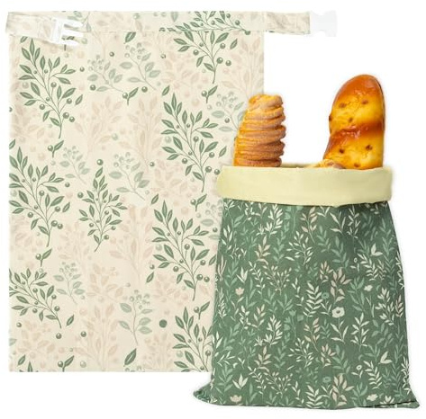 GQIRIL Reusable Beeswax Bread Bags - 2 Pack Bees Wax Food Wraps, Homemade Sourdough Bread Storage, 2-in-1 Linen Cotton Large Freezer Container Home Baking Accessories with Lining (Green Leaf)