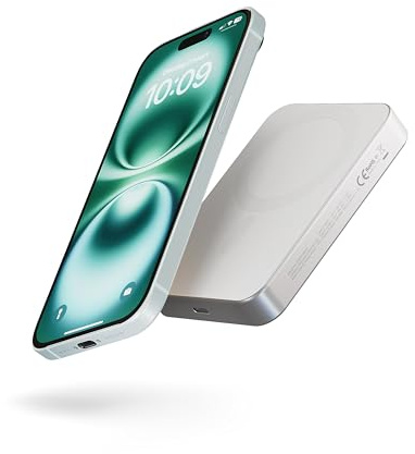 Zens Slim Aluminium Power Bank Qi2 10k mAh, Chargeur sans Fil de 15 W Compatible avec MagSafe pour iPhone Air/17/16/15/14/13/12 et AirPods, câble USB C-C de 30 cm Inclus, Blanc